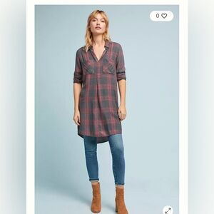 Cloth & Stone Red and Gray Plaid Shirt Dress